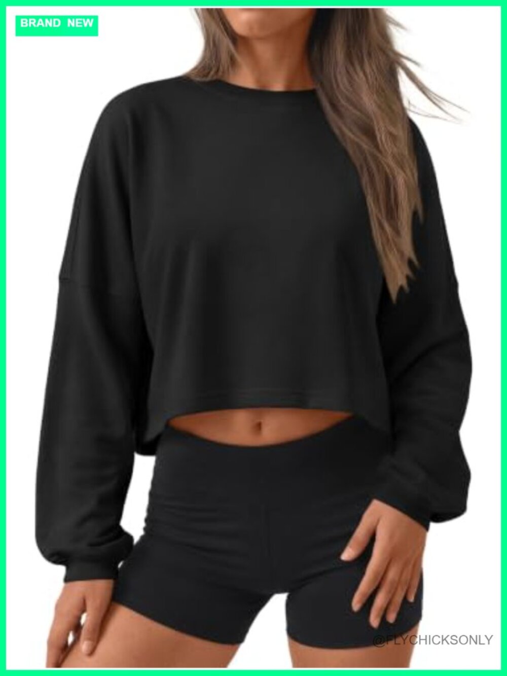 Cropped Crewneck Sweatshirt Long Sleeve Cotton Spandex Pullover